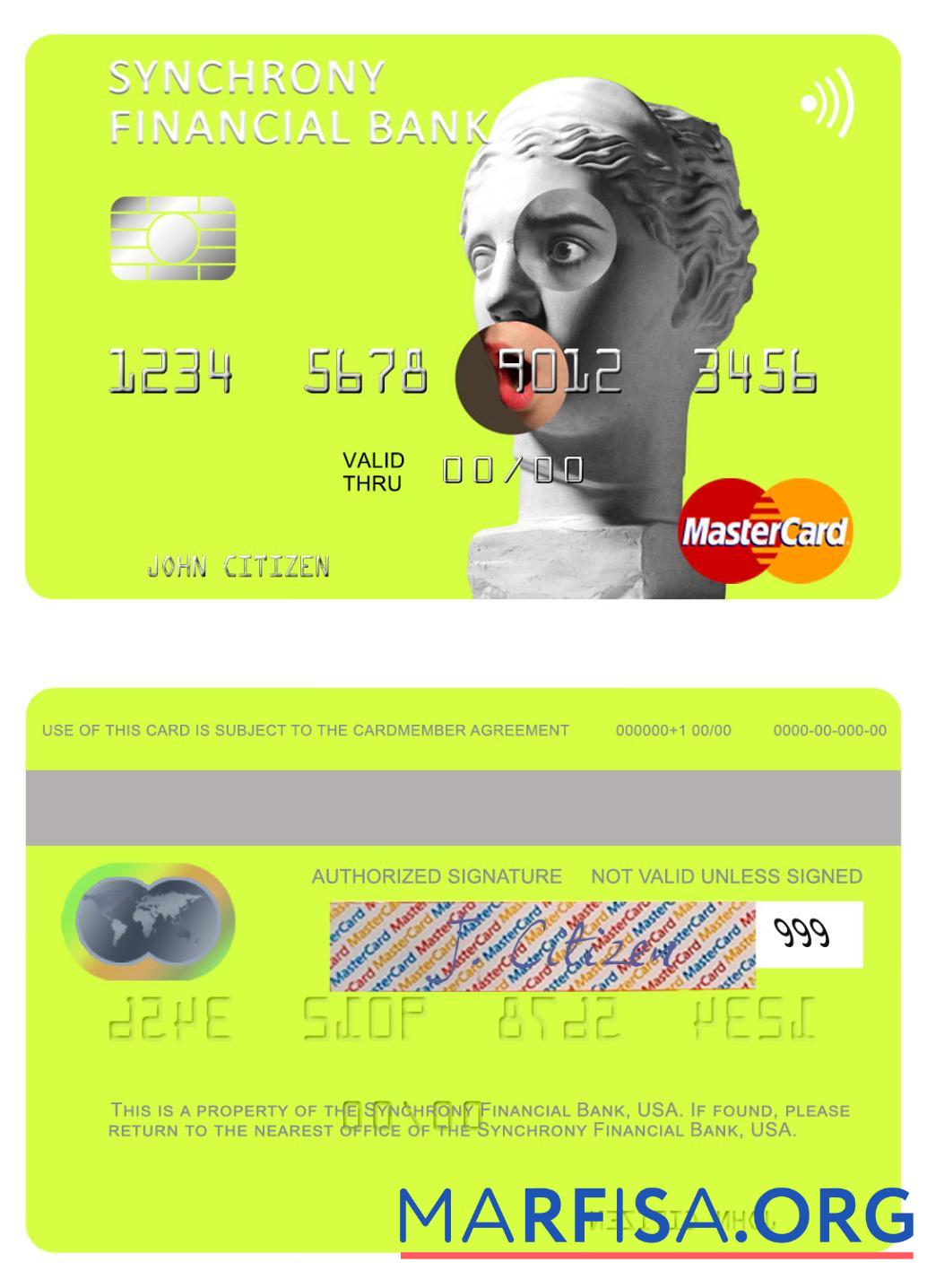 Printable USA Synchrony Financial Bank mastercard sample